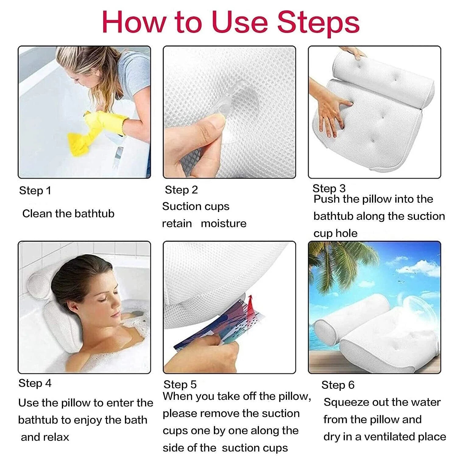 3D Mesh Bath Pillow Home Spa Pillow with 6 Suction Cup Fits for Bathtub Hot Tub