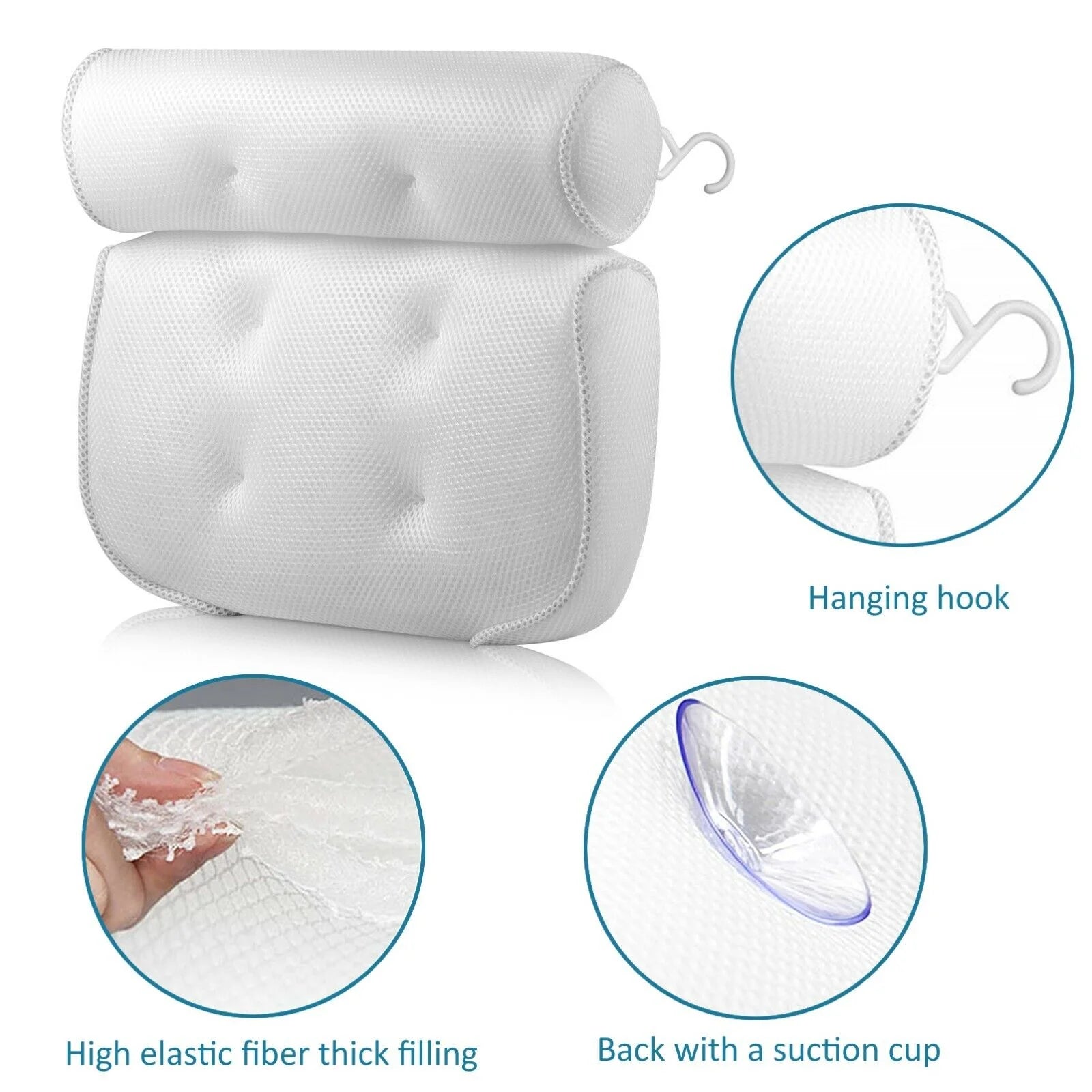 3D Mesh Bath Pillow Home Spa Pillow with 6 Suction Cup Fits for Bathtub Hot Tub