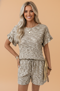 Heather Textured Ruffle Sleeve Top & Drawstring Shorts Set