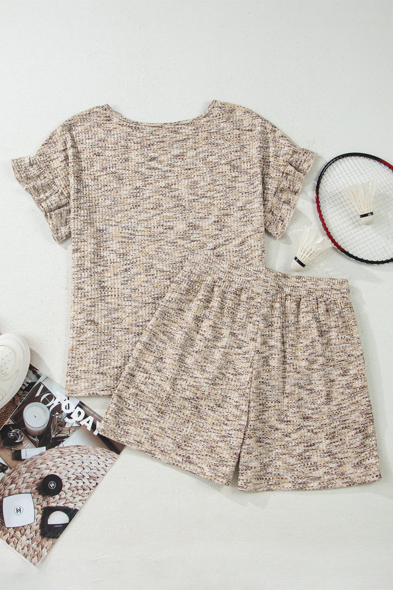 Heather Textured Ruffle Sleeve Top & Drawstring Shorts Set